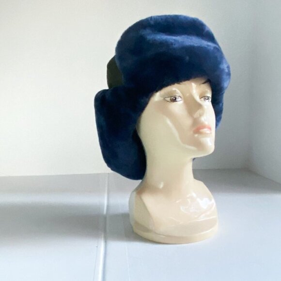 Vintage  Eastern European Army Green Wool Blue Fur Deatil Militray Flight Hat M - Picture 2 of 9